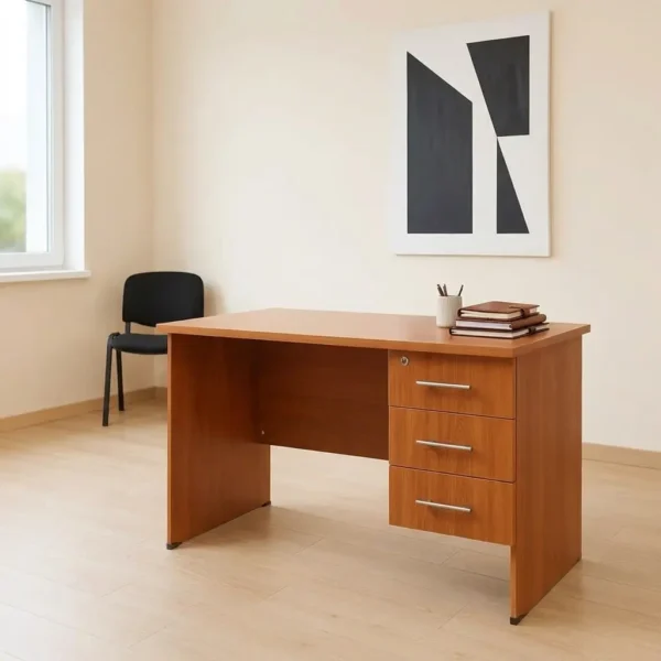 1.2m office study desk finished in a warm cherry wood grain laminate, featuring a rectangular writing surface, an integrated three-drawer side pedestal on the right with a top-drawer key lock, modern silver horizontal bar handles, a solid left panel leg support, and a matching wood modesty panel.