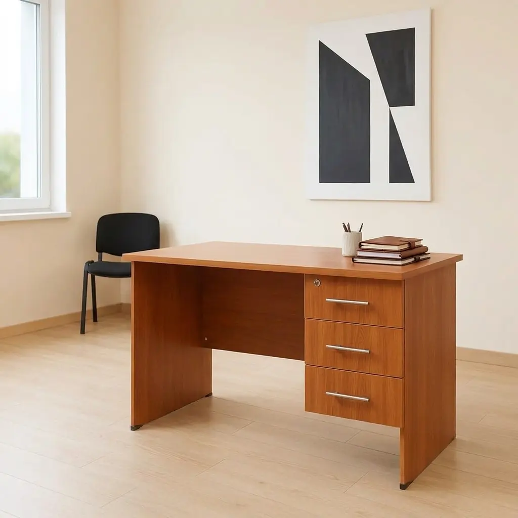 1.2m office study desk finished in a warm cherry wood grain laminate, featuring a rectangular writing surface, an integrated three-drawer side pedestal on the right with a top-drawer key lock, modern silver horizontal bar handles, a solid left panel leg support, and a matching wood modesty panel.