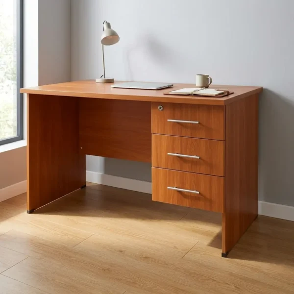 1.0m office study desk finished in a warm cherry wood grain laminate, featuring a rectangular writing surface, an integrated three-drawer side pedestal on the right with a top-drawer key lock, modern silver horizontal bar handles, a solid left panel leg support, and a matching wood modesty panel.