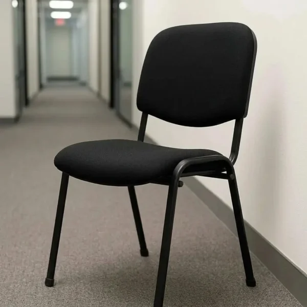 Stackable tosca waiting chair featuring a padded oval backrest and a contoured seat upholstered in black fabric, supported by a heavy-duty matte black tubular metal frame with integrated side stacking bars and protective floor glides on four angled legs.
