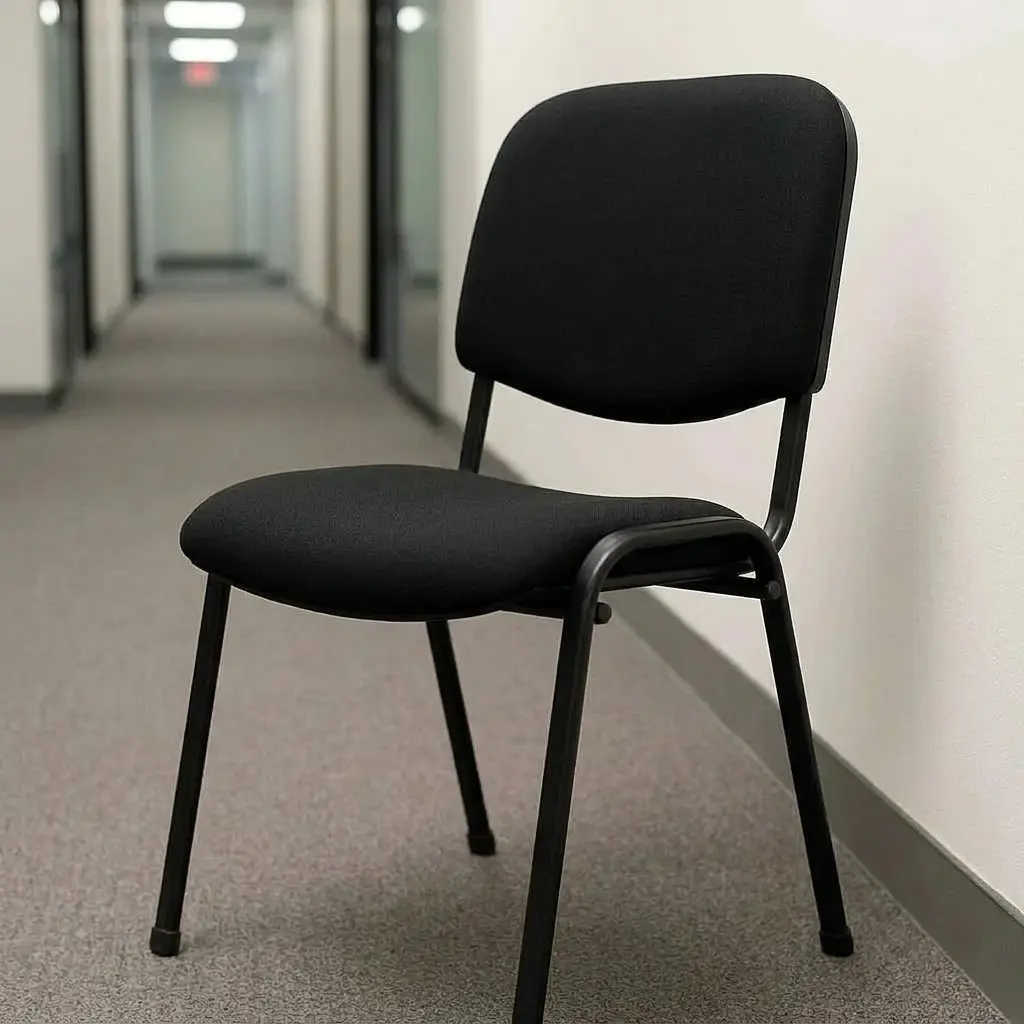 Stackable tosca waiting chair featuring a padded oval backrest and a contoured seat upholstered in black fabric, supported by a heavy-duty matte black tubular metal frame with integrated side stacking bars and protective floor glides on four angled legs.