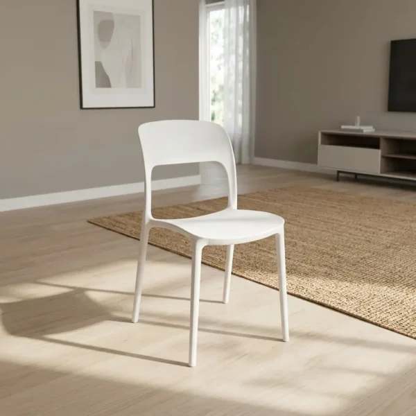 Stackable white plastic chair shown in a vertical stack of three, featuring a minimalist, single-piece molded polypropylene design with a gently curved backrest, a distinctive rectangular open cutout lower back, a contoured matte white seat, and four integrated, slightly tapered legs nested together.