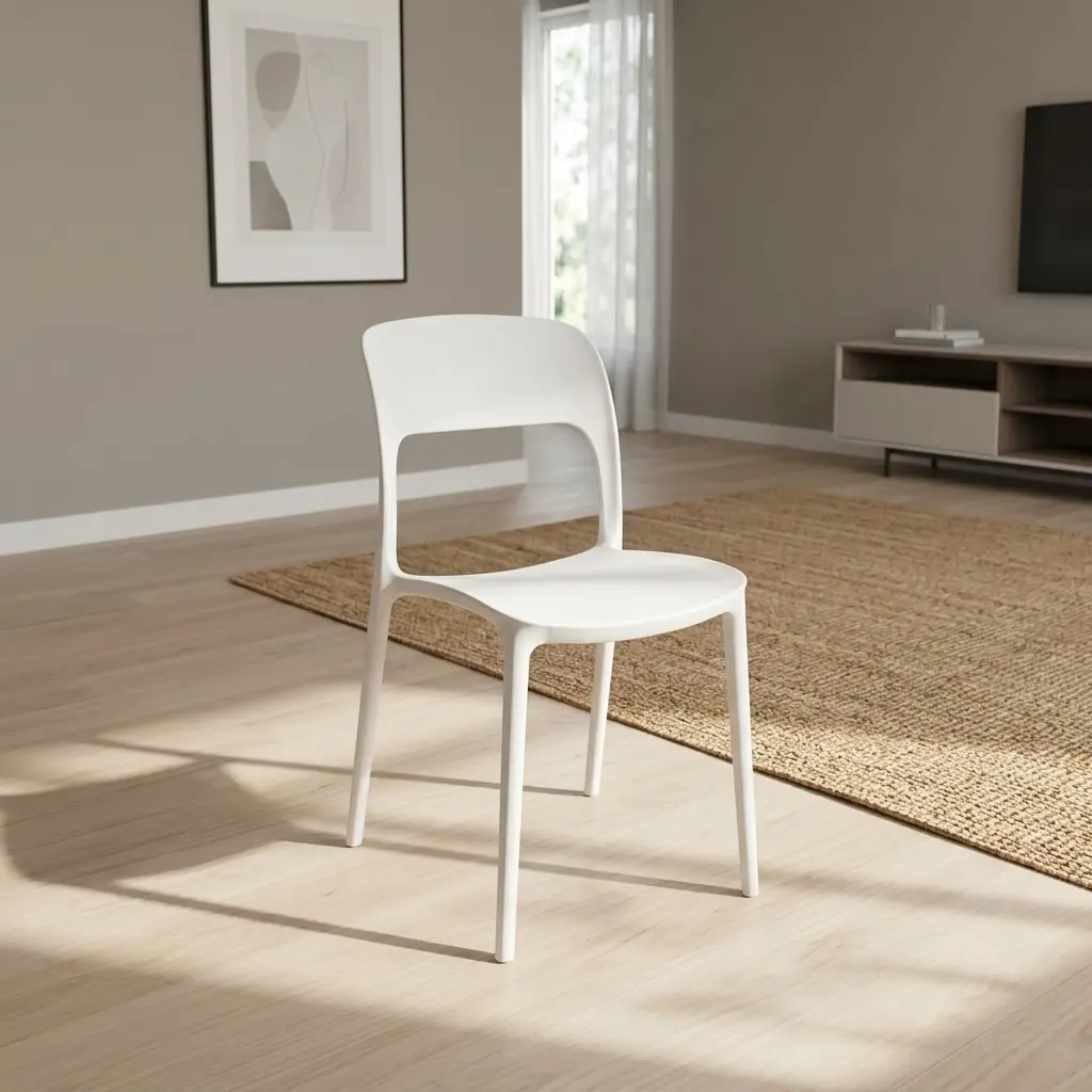 Stackable white plastic chair shown in a vertical stack of three, featuring a minimalist, single-piece molded polypropylene design with a gently curved backrest, a distinctive rectangular open cutout lower back, a contoured matte white seat, and four integrated, slightly tapered legs nested together.