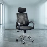 Ergonomic headrest office chair featuring a high backrest in breathable black mesh with a horizontal chevron spine support design, an independent cushioned fabric headrest, fixed sloping loop armrests, a padded black fabric seat cushion, a pneumatic height-adjustment lever, and a polished chrome five-star swivel base equipped with hooded dual-wheel casters.