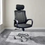 Black headrest office chair featuring a high backrest in breathable black mesh with a horizontal chevron spine support design, an independent cushioned fabric headrest, fixed sloping loop armrests, a padded black fabric seat cushion, a pneumatic height-adjustment lever, and a polished chrome five-star swivel base equipped with hooded dual-wheel casters.