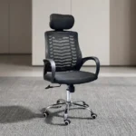 Black headrest office chair featuring a high backrest in breathable black mesh with a horizontal chevron spine support design, an independent cushioned fabric headrest, fixed sloping loop armrests, a padded black fabric seat cushion, a pneumatic height-adjustment lever, and a polished chrome five-star swivel base equipped with hooded dual-wheel casters.