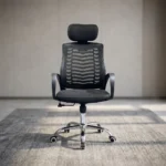 Black headrest office chair featuring a high backrest in breathable black mesh with a horizontal chevron spine support design, an independent cushioned fabric headrest, fixed sloping loop armrests, a padded black fabric seat cushion, a pneumatic height-adjustment lever, and a polished chrome five-star swivel base equipped with hooded dual-wheel casters.