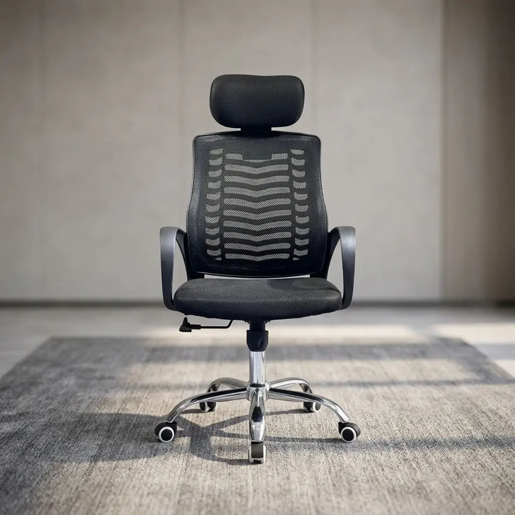 Black headrest office chair featuring a high backrest in breathable black mesh with a horizontal chevron spine support design, an independent cushioned fabric headrest, fixed sloping loop armrests, a padded black fabric seat cushion, a pneumatic height-adjustment lever, and a polished chrome five-star swivel base equipped with hooded dual-wheel casters.