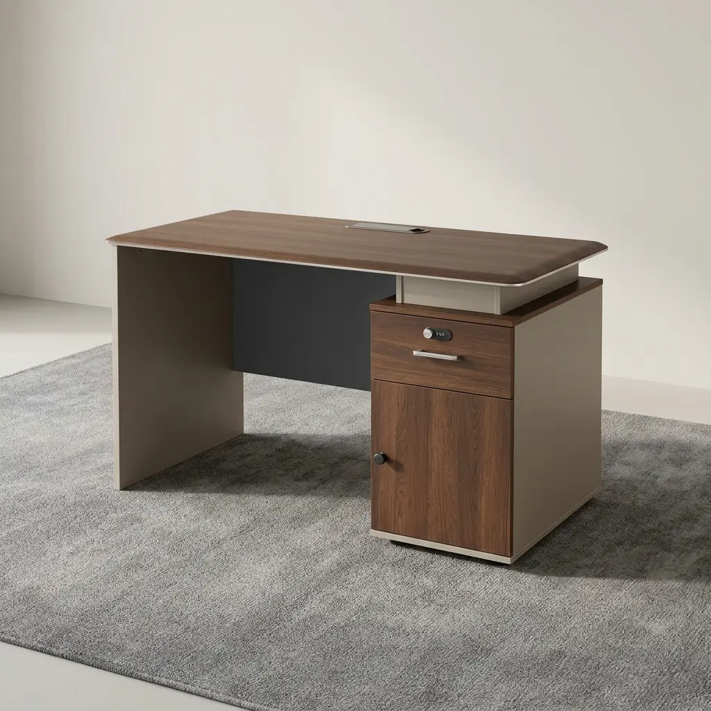 1.2m executive office table featuring a walnut wood grain tabletop with rounded edges and an integrated rectangular cable management grommet, floating above a matte gray chassis, designed with a solid left panel leg and a right-side integrated pedestal cabinet with a walnut drawer face, digital combination lock, and a lower swinging door.