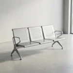 3 seater heavy duty waiting bench constructed from durable silver powder-coated steel, featuring three interconnected seats with perforated mesh backrests and contoured seating surfaces, bordered by polished chrome loop armrests on each end, and supported by heavy-duty arched metal legs with adjustable leveling glides.