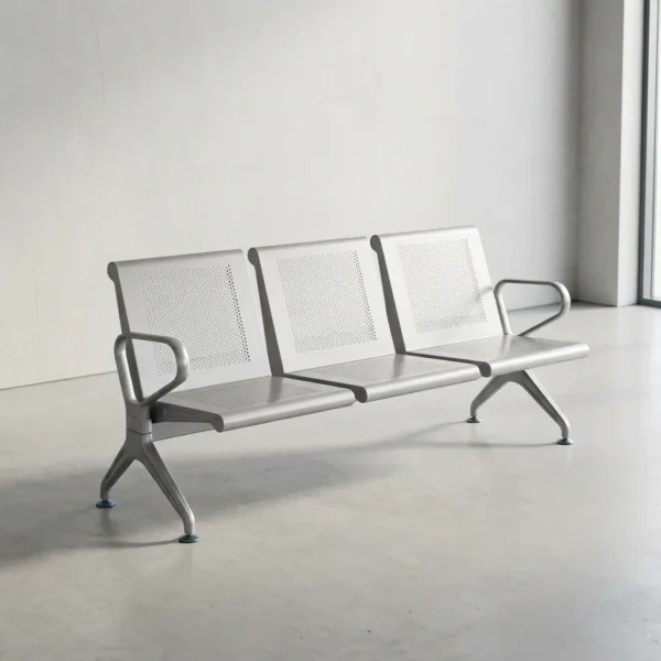 3 seater heavy duty waiting bench constructed from durable silver powder-coated steel, featuring three interconnected seats with perforated mesh backrests and contoured seating surfaces, bordered by polished chrome loop armrests on each end, and supported by heavy-duty arched metal legs with adjustable leveling glides.