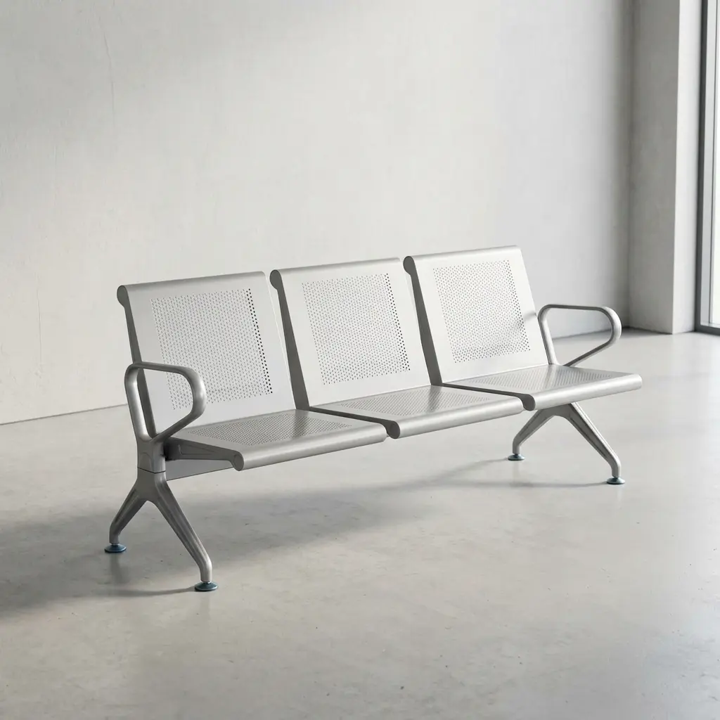 3 seater heavy duty waiting bench constructed from durable silver powder-coated steel, featuring three interconnected seats with perforated mesh backrests and contoured seating surfaces, bordered by polished chrome loop armrests on each end, and supported by heavy-duty arched metal legs with adjustable leveling glides.