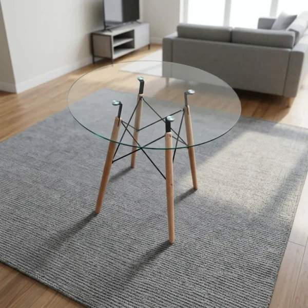 Round eames table featuring a transparent, circular tempered glass tabletop, supported by a classic mid-century modern base composed of four dowel legs in natural light wood, reinforced with an architectural black metal Eiffel wire cross-brace structure and metallic glass-mounting brackets.