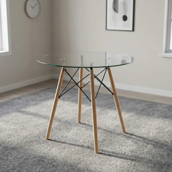 2-seater eames dining table featuring a transparent, circular tempered glass tabletop, supported by a classic mid-century modern base composed of four dowel legs in natural light wood, reinforced with an architectural black metal Eiffel wire cross-brace structure and metallic glass-mounting brackets.