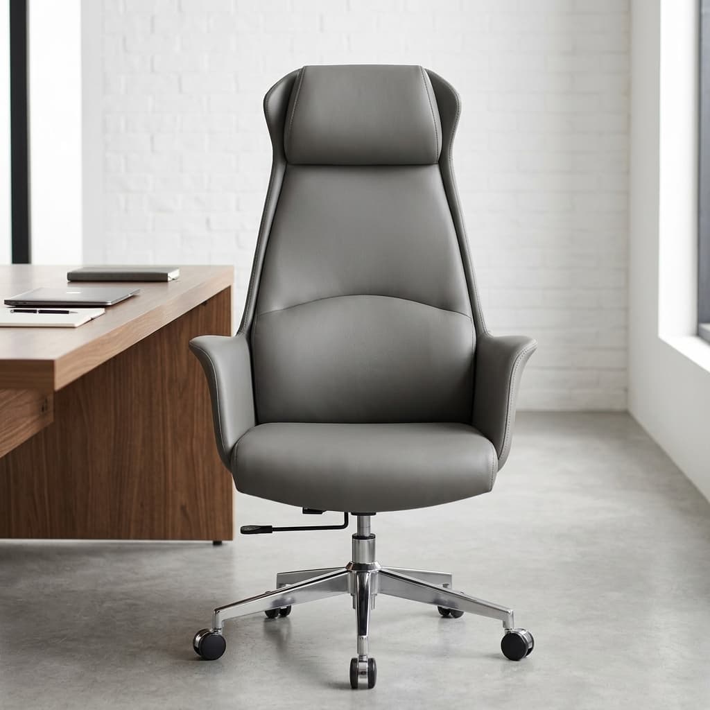 Gray leather executive chair featuring a high-back silhouette upholstered in smooth slate gray leather, designed with an integrated padded headrest pillow, ergonomic lumbar bolstering, sloping padded armrests, a pneumatic height-adjustment lever, and a polished chrome five-star swivel base with dual-wheel hoodless casters.