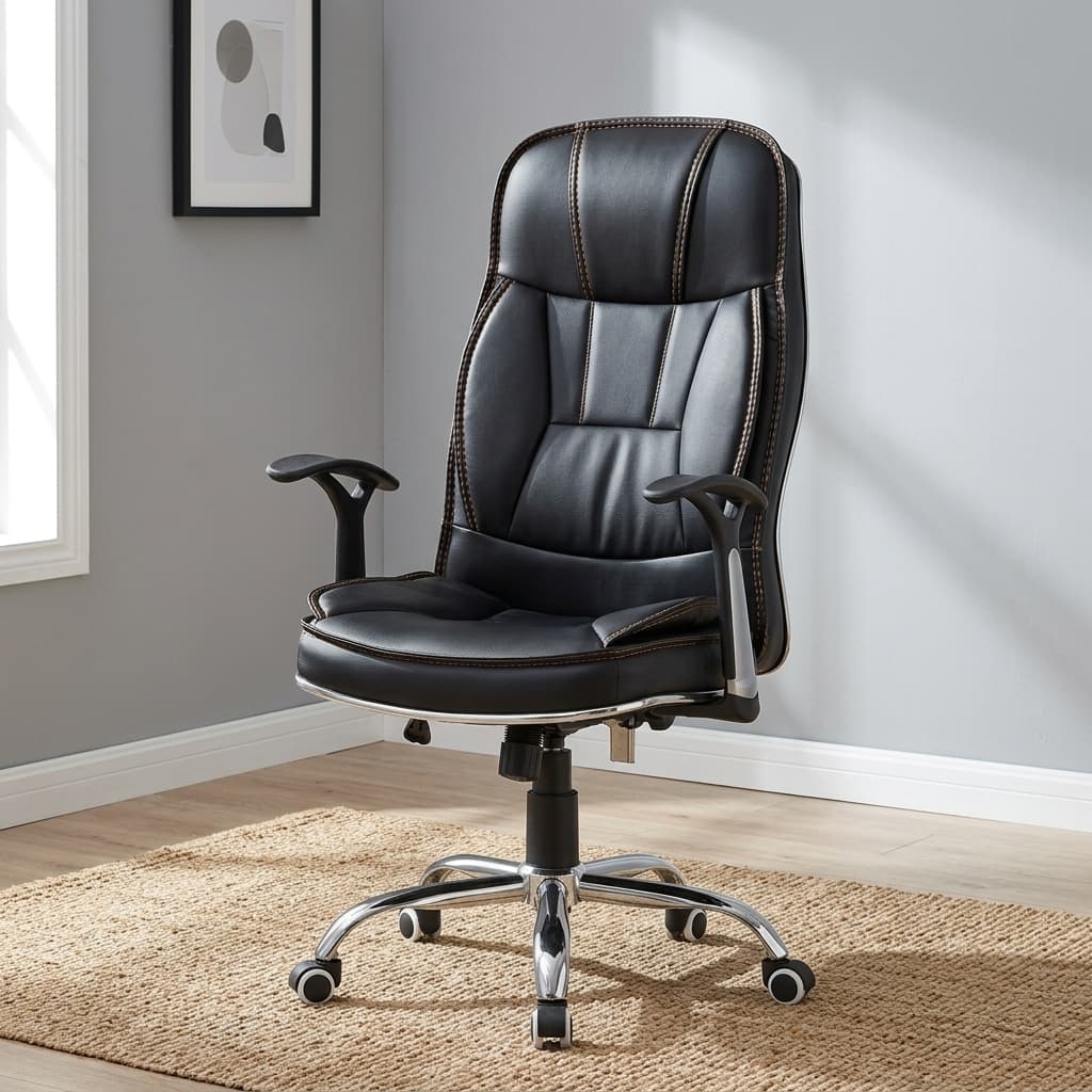 Generic orthopedic leather chair featuring a high-back design upholstered in cushioned black bonded leather with contrasting brown accent stitching, structured with integrated ergonomic lumbar padding, contoured side bolsters, fixed T-shaped armrests with silver accents, a pneumatic height-adjustment lever, and a polished chrome five-star swivel base equipped with dual-wheel casters.