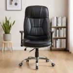 Generic orthopedic leather chair featuring a high-back design upholstered in cushioned black bonded leather with contrasting brown accent stitching, structured with integrated ergonomic lumbar padding, contoured side bolsters, fixed T-shaped armrests with silver accents, a pneumatic height-adjustment lever, and a polished chrome five-star swivel base equipped with dual-wheel casters.