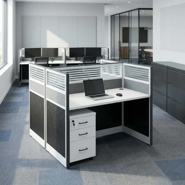 2-way white workstation featuring a face-to-face dual desk layout with 1.2m x 1.2m x 1.2m dimensions, composed of smooth white laminate tabletops with integrated circular cable grommets, accompanied by an under-desk three-drawer mobile filing pedestal with a top-drawer key lock and curved black handles, enclosed by multi-paneled privacy office cubicle screens with solid black lower sections, gray textured mid-panels, and slatted frosted glass toppers set in a silver frame.