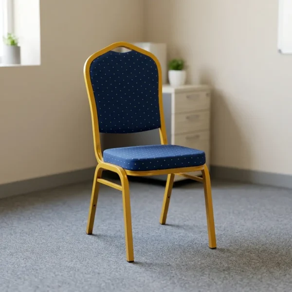 Blue stackable conference chair featuring a crowned backrest and a padded seat cushion upholstered in navy blue fabric with a yellow polka dot pattern, supported by a sturdy square tubular steel frame finished in a matte gold powder coating with integrated structural support bars.
