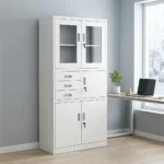 Office cabinet with safe featuring a heavy-duty white steel modular construction, designed with a top double-door storage compartment with rectangular glass viewing panels, a middle section containing three stacked utility drawers next to a single key-locked locker door, and a lower double-door storage cabinet, all equipped with integrated flush-mount handles and independent security key locks.