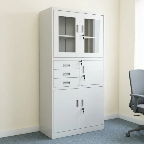 Office cabinet with safe featuring a heavy-duty white steel modular construction, designed with a top double-door storage compartment with rectangular glass viewing panels, a middle section containing three stacked utility drawers next to a single key-locked locker door, and a lower double-door storage cabinet, all equipped with integrated flush-mount handles and independent security key locks.
