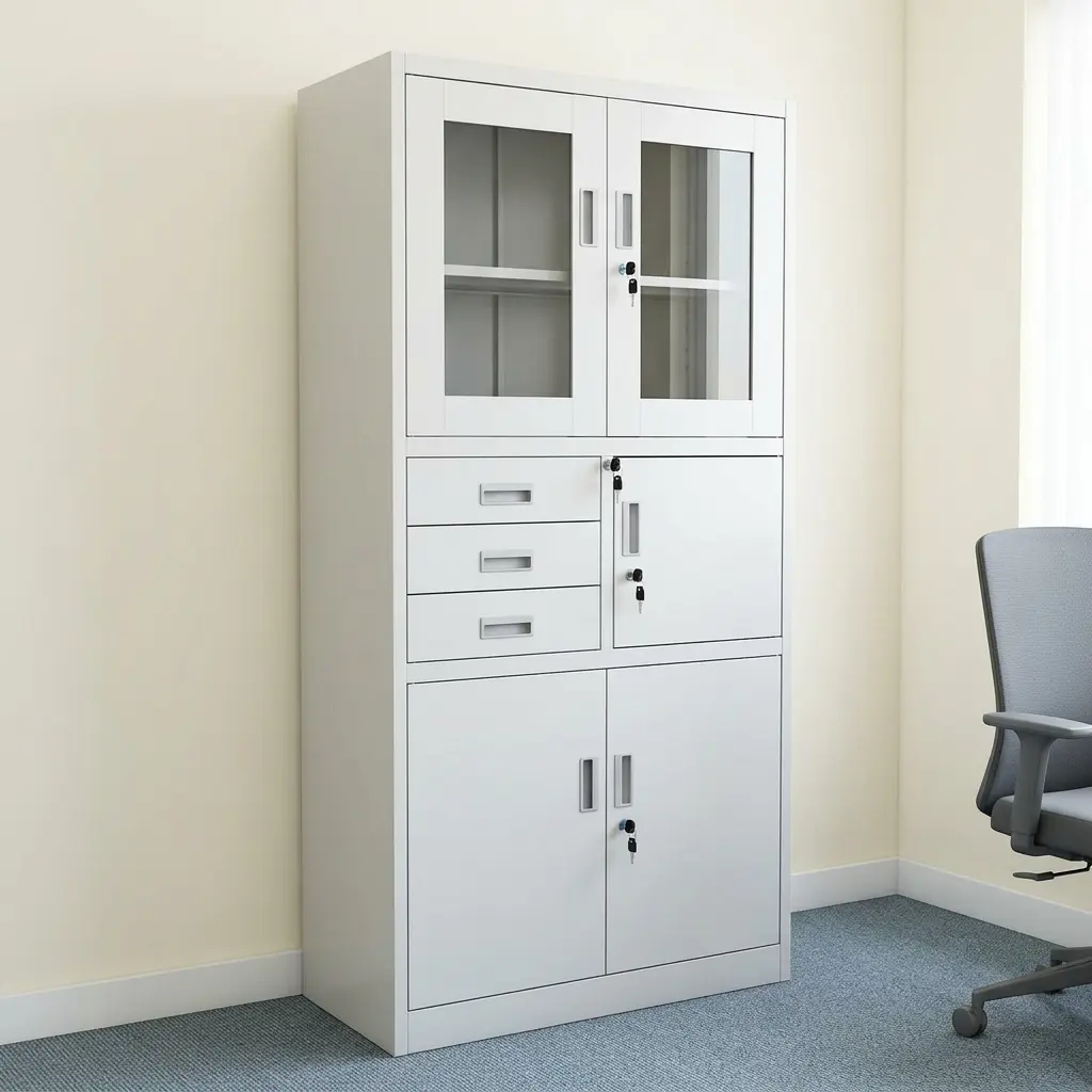 Office cabinet with safe featuring a heavy-duty white steel modular construction, designed with a top double-door storage compartment with rectangular glass viewing panels, a middle section containing three stacked utility drawers next to a single key-locked locker door, and a lower double-door storage cabinet, all equipped with integrated flush-mount handles and independent security key locks. Office cabinet with safe featuring a heavy-duty white steel modular construction, designed with a top double-door storage compartment with rectangular glass viewing panels, a middle section containing three stacked utility drawers next to a single key-locked locker door, and a lower double-door storage cabinet, all equipped with integrated flush-mount handles and independent security key locks.