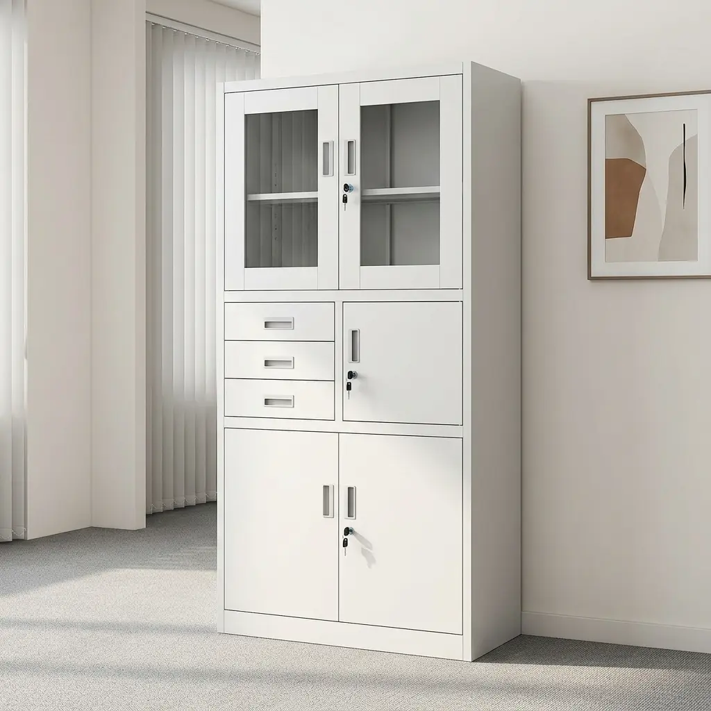 Steel filing cabinet with safe featuring a heavy-duty white steel modular design, constructed with a top double-door compartment with clear glass viewing panels, a middle section comprising three stacked utility drawers alongside a single key-locked locker safe door, and a lower double-door storage cabinet, all fitted with integrated flush-mount silver handles and independent security key locks.