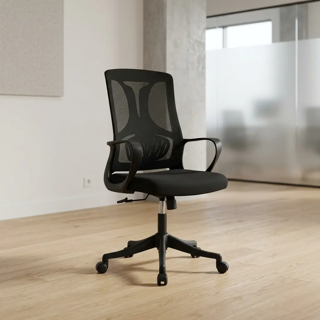 Medium Back Ergonomic Office Chair featuring a breathable black mesh backrest with a distinctive integrated Y-shaped structural support frame, an adjustable horizontal-slatted lumbar support pad, a contoured black fabric padded seat cushion, fixed loop armrests, a pneumatic height-adjustment lever, and a durable black five-star nylon swivel base with dual-wheel casters.