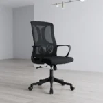 Mid back ergonomic office seat featuring a breathable black mesh backrest with an integrated Y-shaped structural support frame, an adjustable horizontal-slatted lumbar support pad, a contoured black fabric padded seat cushion, fixed loop armrests, a pneumatic height-adjustment lever, and a durable black five-star nylon swivel base equipped with dual-wheel casters.