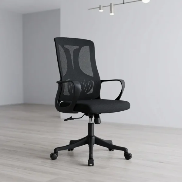 Mid back ergonomic office seat featuring a breathable black mesh backrest with an integrated Y-shaped structural support frame, an adjustable horizontal-slatted lumbar support pad, a contoured black fabric padded seat cushion, fixed loop armrests, a pneumatic height-adjustment lever, and a durable black five-star nylon swivel base equipped with dual-wheel casters.