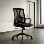 Mid back ergonomic office seat featuring a breathable black mesh backrest with an integrated Y-shaped structural support frame, an adjustable horizontal-slatted lumbar support pad, a contoured black fabric padded seat cushion, fixed loop armrests, a pneumatic height-adjustment lever, and a durable black five-star nylon swivel base equipped with dual-wheel casters.