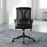 Mid back ergonomic office seat featuring a breathable black mesh backrest with an integrated Y-shaped structural support frame, an adjustable horizontal-slatted lumbar support pad, a contoured black fabric padded seat cushion, fixed loop armrests, a pneumatic height-adjustment lever, and a durable black five-star nylon swivel base equipped with dual-wheel casters.