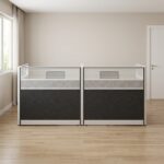 2 seater modular workstation featuring a side-by-side dual cubicle layout, enclosed by multi-paneled privacy screens with charcoal gray textured lower panels, light gray scribbled mid-panels, and slatted translucent frosted glass toppers set in a sleek black and silver aluminum frame.