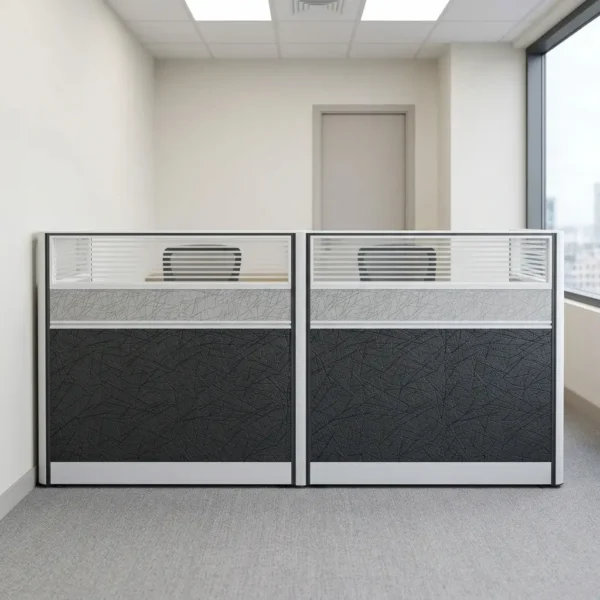 2 seater modular workstation featuring a side-by-side dual cubicle layout, enclosed by multi-paneled privacy screens with charcoal gray textured lower panels, light gray scribbled mid-panels, and slatted translucent frosted glass toppers set in a sleek black and silver aluminum frame.