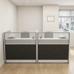 2 seater modular workstation featuring a side-by-side dual cubicle layout, enclosed by multi-paneled privacy screens with charcoal gray textured lower panels, light gray scribbled mid-panels, and slatted translucent frosted glass toppers set in a sleek black and silver aluminum frame.