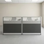 2 seater modular workstation featuring a side-by-side dual cubicle layout, enclosed by multi-paneled privacy screens with charcoal gray textured lower panels, light gray scribbled mid-panels, and slatted translucent frosted glass toppers set in a sleek black and silver aluminum frame.