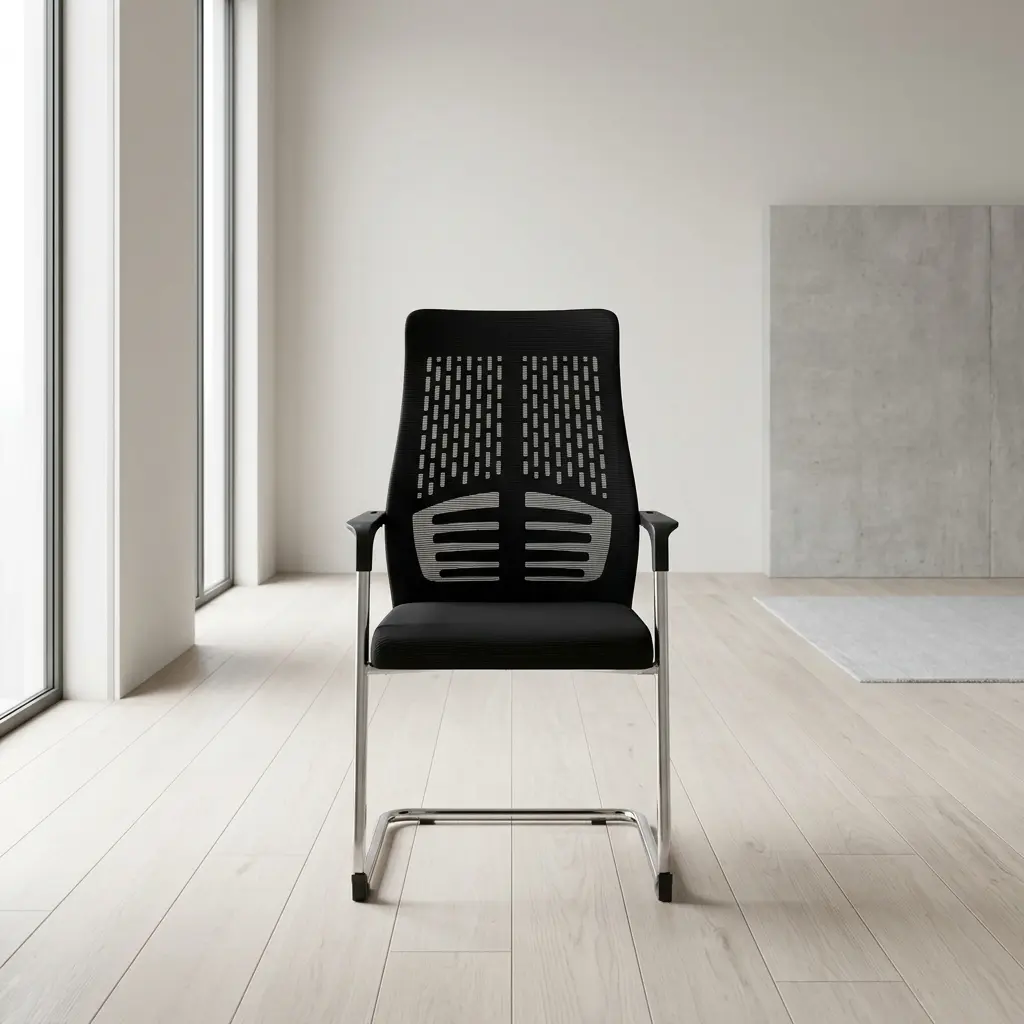 Ergonomic mesh office visitor chair featuring a breathable black mesh backrest with a distinctive skeletal, horizontal-ribbed dual lumbar support design, a contoured padded black fabric seat cushion, and fixed black armrests, all supported by a sleek polished chrome cantilever sled base with non-slip protective floor glides. Ergonomic mesh office visitor chair featuring a breathable black mesh backrest with a distinctive skeletal, horizontal-ribbed dual lumbar support design, a contoured padded black fabric seat cushion, and fixed black armrests, all supported by a sleek polished chrome cantilever sled base with non-slip protective floor glides.