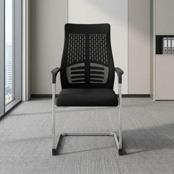 High back office waiting chair featuring a breathable black mesh backrest with a distinctive rib-cage-style lumbar support pattern, consisting of horizontal-slatted lower back bands and vertical-perforated upper ventilation patterns. The chair is configured with a contoured black fabric padded seat cushion, fixed T-shaped armrests with black arm caps, and a durable polished chrome cantilever sled base equipped with black non-slip floor glides.