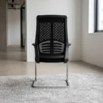 Ergonomic mesh office visitor chair featuring a breathable black mesh backrest with a distinctive skeletal, horizontal-ribbed dual lumbar support design, a contoured padded black fabric seat cushion, and fixed black armrests, all supported by a sleek polished chrome cantilever sled base with non-slip protective floor glides.
