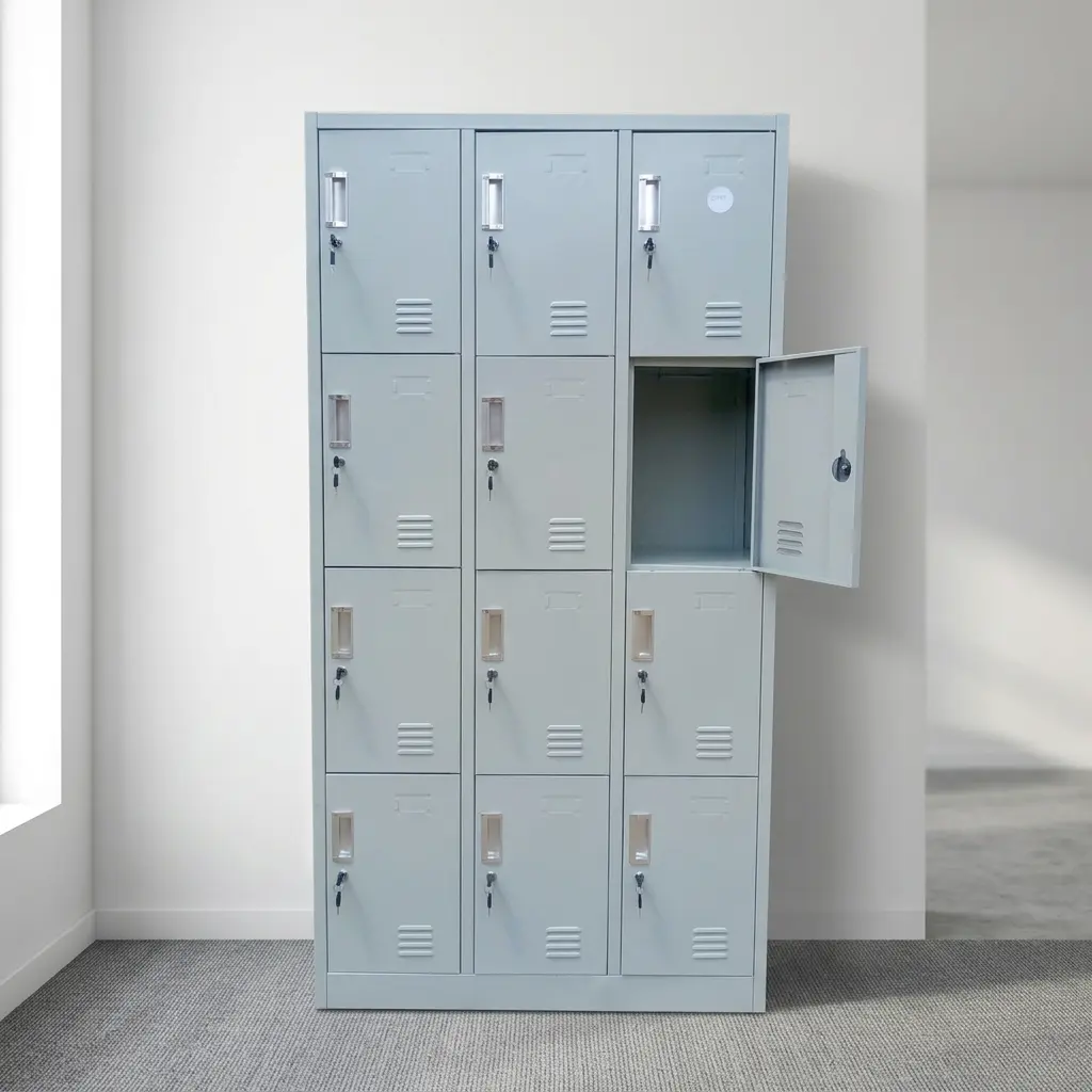 12-locker file cabinet featuring a sturdy, light gray steel modular structure arranged in a vertical $4 \times 3$ grid, with each individual secure compartment door equipped with integrated vertical recessed pull handles, independent key security locks, label holders, and horizontal ventilation louvers.
