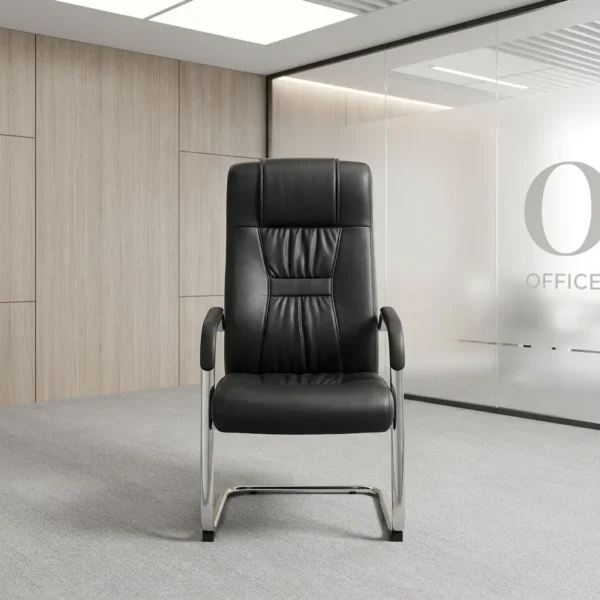 Executive office visitor chair featuring a high-back design upholstered in premium black leather with distinctive pleated and gathered center back detailing, equipped with curved polished chrome armrests topped with black padded leather arm caps, all supported by a heavy-duty, tubular polished chrome cantilever sled base with protective non-slip floor glides.