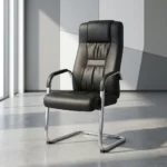 Executive office visitor chair featuring a high-back design upholstered in premium black leather with distinctive pleated and gathered center back detailing, equipped with curved polished chrome armrests topped with black padded leather arm caps, all supported by a heavy-duty, tubular polished chrome cantilever sled base with protective non-slip floor glides.