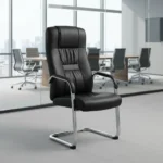 Executive office visitor chair featuring a high-back design upholstered in premium black leather with distinctive pleated and gathered center back detailing, equipped with curved polished chrome armrests topped with black padded leather arm caps, all supported by a heavy-duty, tubular polished chrome cantilever sled base with protective non-slip floor glides.