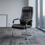 Executive office visitor chair featuring a high-back design upholstered in premium black leather with distinctive pleated and gathered center back detailing, equipped with curved polished chrome armrests topped with black padded leather arm caps, all supported by a heavy-duty, tubular polished chrome cantilever sled base with protective non-slip floor glides.