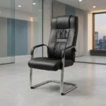 Executive office visitor chair featuring a high-back design upholstered in premium black leather with distinctive pleated and gathered center back detailing, equipped with curved polished chrome armrests topped with black padded leather arm caps, all supported by a heavy-duty, tubular polished chrome cantilever sled base with protective non-slip floor glides.