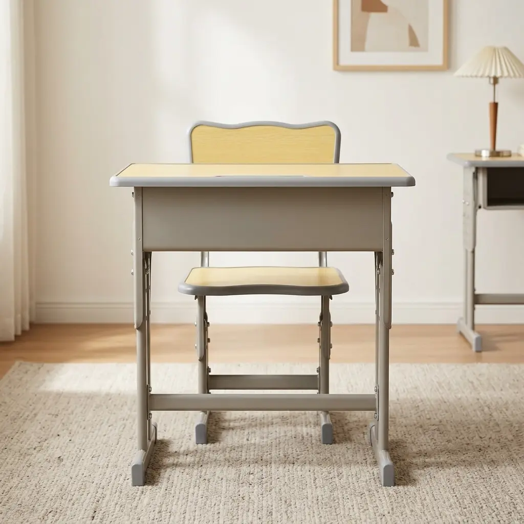 Kids study desk and chair set featuring a height-adjustable design, with both pieces supported by a durable matte gray steel frame. The desk is constructed with a rectangular light yellow top with a light blue safety border, an integrated open-front book storage shelf underneath, and T-leg bases, paired with a matching ergonomic chair featuring a yellow seat and backrest trimmed in light blue.