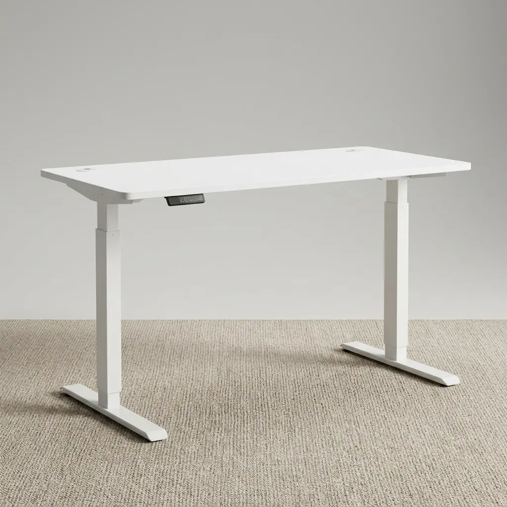 1.2m white electric desk featuring a clean rectangular desktop with rounded corners, dual circular white cable grommets, a black under-desk digital control keypad, and a height-adjustable white telescoping T-leg base.