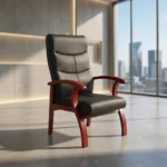 High back leather waiting chair featuring segmented black leather upholstery with horizontal stitching, curved cherry wood armrests, and matching flared wooden legs.