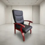 High back leather waiting chair featuring segmented black leather upholstery with horizontal stitching, curved cherry wood armrests, and matching flared wooden legs.