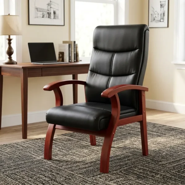 High back leather waiting chair featuring segmented black leather upholstery with horizontal stitching, curved cherry wood armrests, and matching flared wooden legs.